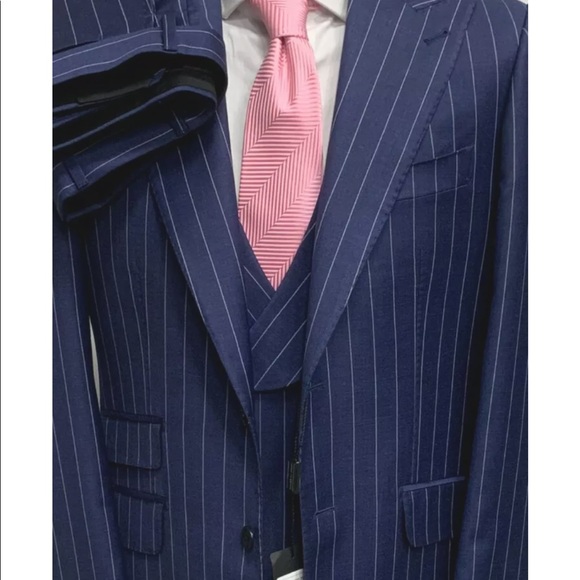 Blue 3 piece pinstripe super 150 Cerruti wool suit with double breasted vest - Picture 3 of 3